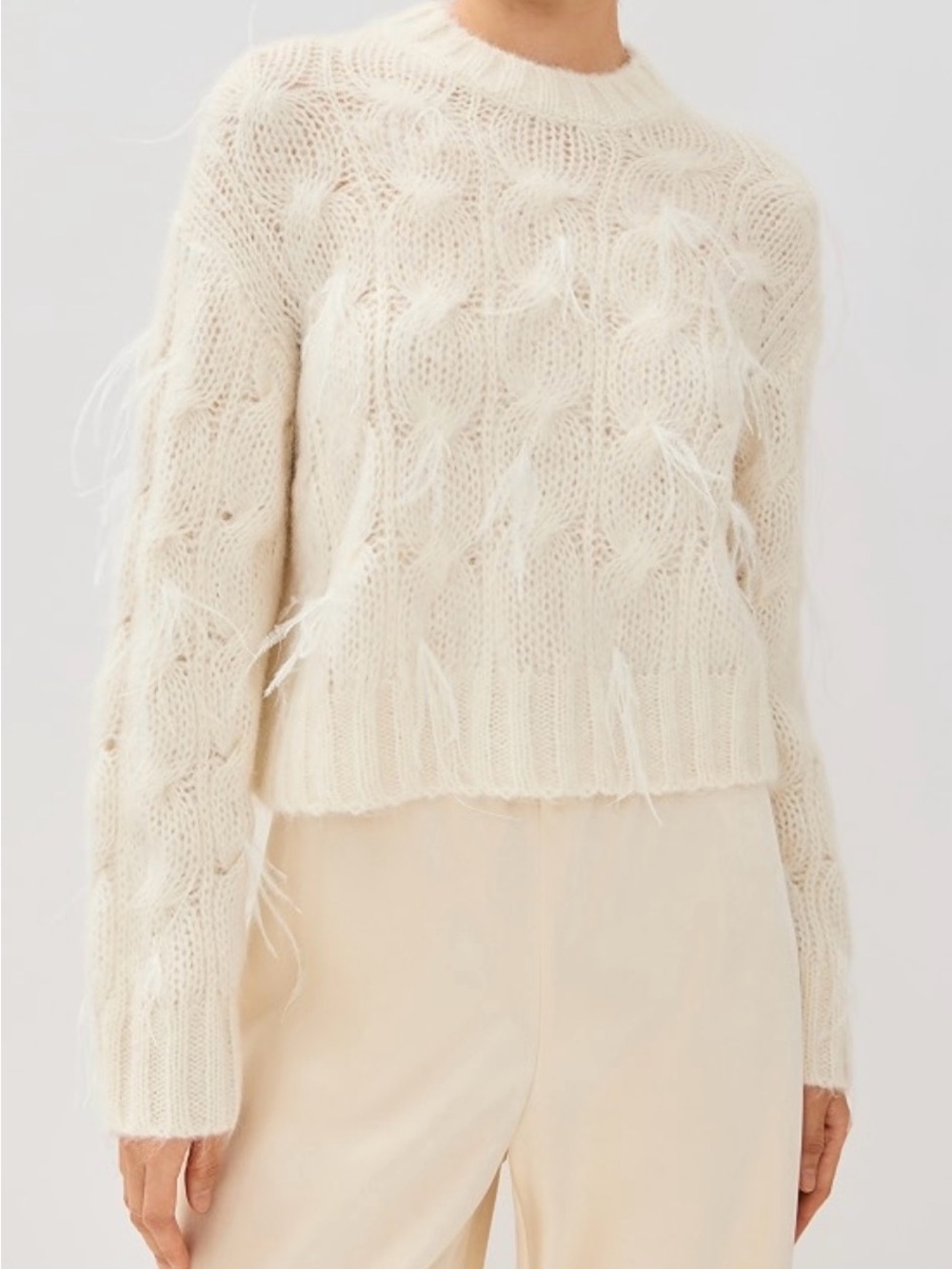 Astr Cream Feather-Trim Cable Knit Crew Sweater